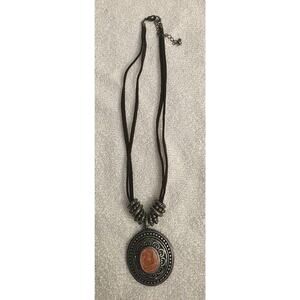 16 Inch Silver Tone Medallion Beaded Brown Leather Strap Necklace 2 In Extender